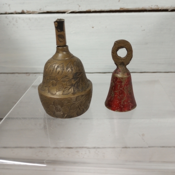 Set of 2 Small Miniature Vintage Brass Bells HandCrafted 1 Engraved Bell 1 Smoot - Picture 1 of 6